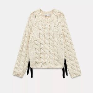 NWT ZARA CABLE KNIT SWEATER WITH SIDE STRAPS ECRU SIZE M 2142/225/070